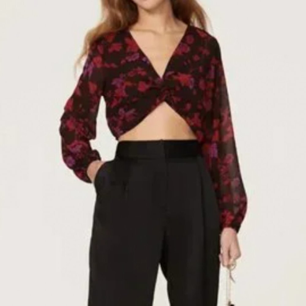 NWT Sanctuary Floral Chiffon Twist Front Crop Top Balloon‎ Sleeves Size small